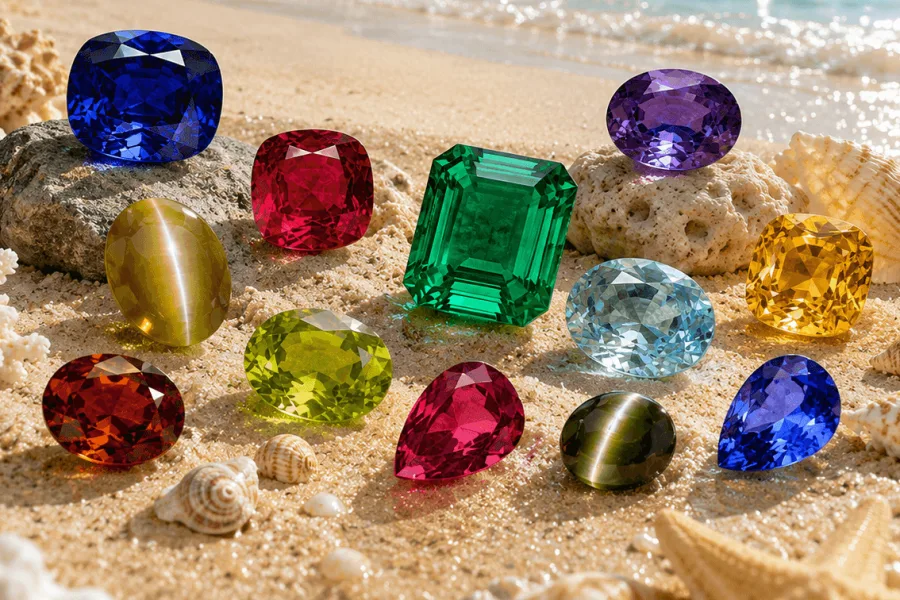 Loose natural gemstones including sapphire, ruby, emerald, amethyst, peridot, aquamarine, cat's eye and hessonite