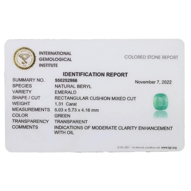 1.31 cts Untreated Cushion Emerald